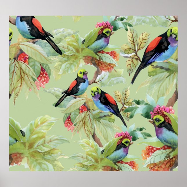 Póster Aves con flores de verano: patrón tropical (Frente)