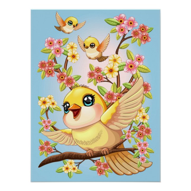 Póster Aves cortas y felices entre las flores de primaver (Anverso)