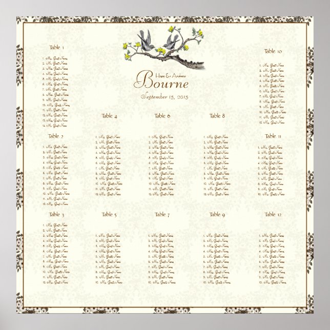 Póster Aves de Amor Amor Amarillo y Marfil Vintage (Frente)