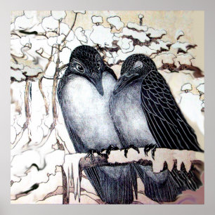 Póster AVES DE AMOR INVERNAL EN NIEVE Blanco Negro