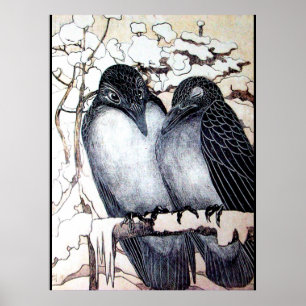 Póster AVES DE AMOR INVERNAL EN NIEVE Blanco Negro