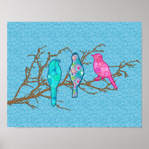Póster Aves de aplicación en una rama, Sky Blue Multi