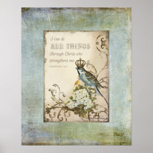 Póster Aves de bosque - Ave azul con floral de la corona
