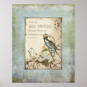 Póster Aves de bosque - Ave azul con floral de la corona