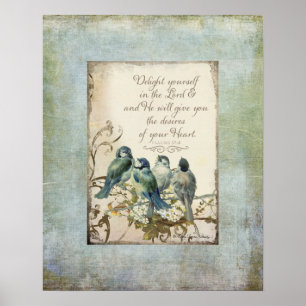 Póster Aves de bosque - Aves azules en una rama floral