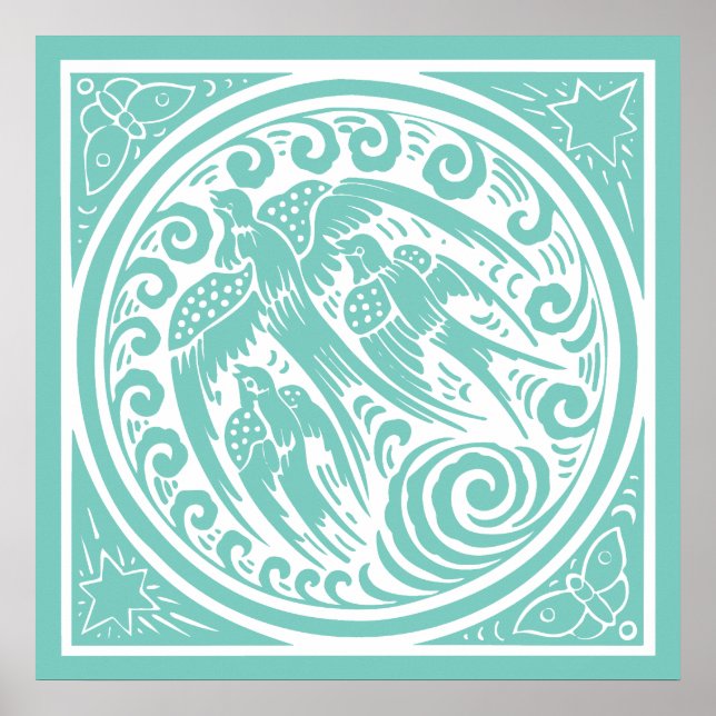 Póster Aves de época con mariposas y estrellas (Frente)