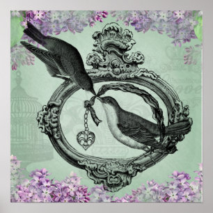 Póster Aves de época con ropa y regalos para el Corazón