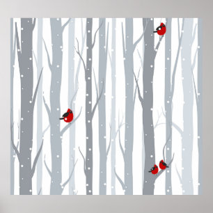 Póster Aves de invierno: Árboles grises, aves rojas