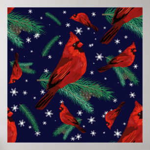 Póster Aves de invierno - cardenales sobre ramas de abeto