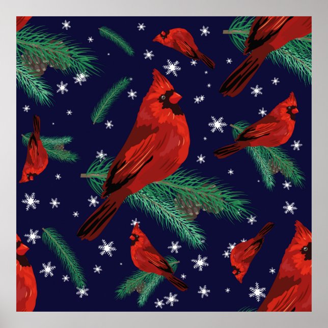 Póster Aves de invierno - cardenales sobre ramas de abeto (Frente)
