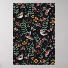 Póster Aves de jardín oscuro y mariposas