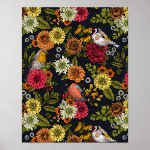 Póster Aves de jardín y flores 2