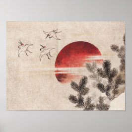 Póster Aves de Katsushika Hokusai y puesta de sol (1814)