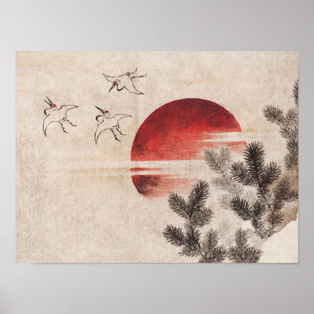 Póster Aves de Katsushika Hokusai y puesta de sol (1814) (Frente)