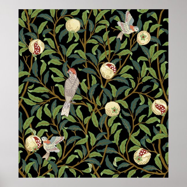 Póster Aves de la época en el follaje con aves y frutos d (Frente)