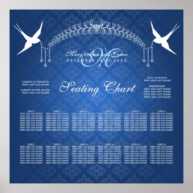 Póster Aves de la tabla de asientos del boda Monograma Az (Frente)