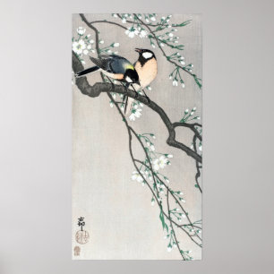 Póster Aves de Ohara Koson en la rama de cerezos