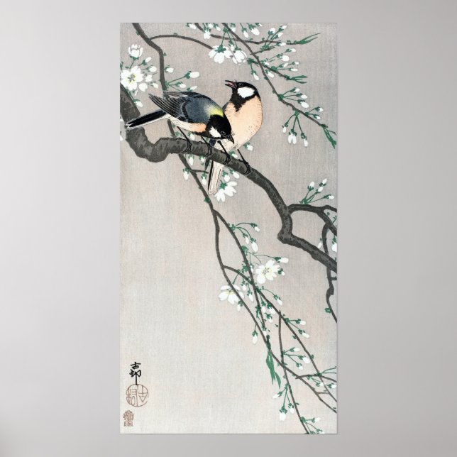 Póster Aves de Ohara Koson en la rama de cerezos (Frente)