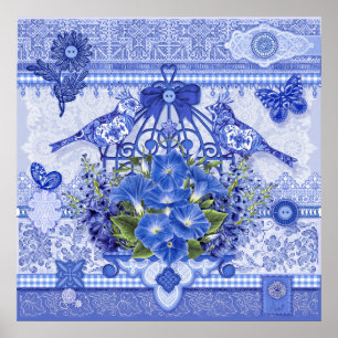 Póster Aves de porcelana azul y Poster de la jaula de ave