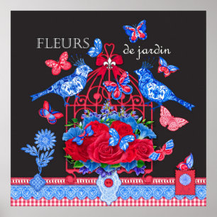 Póster Aves de porcelana de flores y Poster de la jaula d