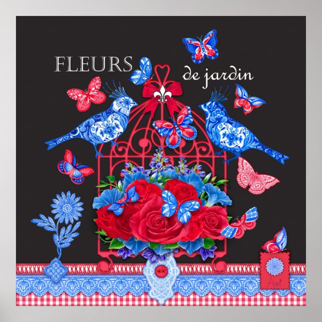 Póster Aves de porcelana de flores y Poster de la jaula d (Frente)