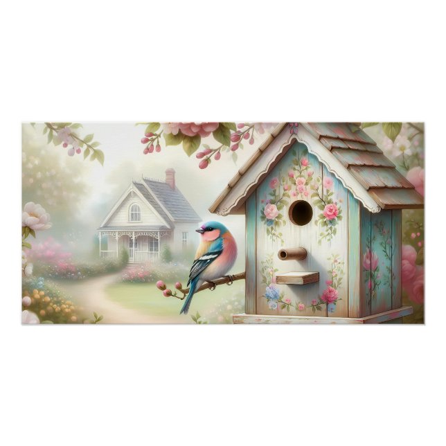 Póster Aves De Primavera Con Flores Pastel Y Ave (Anverso)