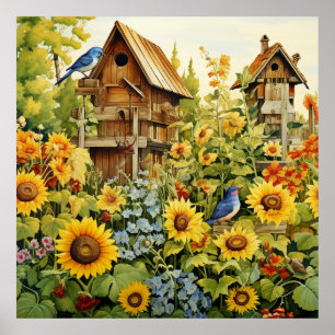 Póster Aves del Jardín del Sol Casas Aves Azules