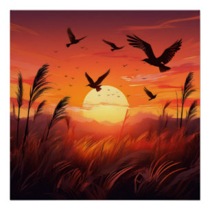 Póster Aves en el brillo del atardecer - Escena natural s