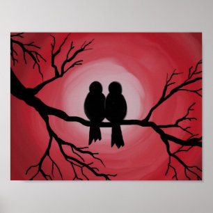 Póster Aves en la rama del árbol. Atardecer, silueta de s