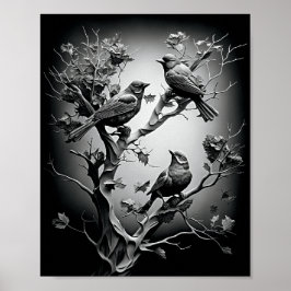 Póster Aves En Ramas De Árbol Aves Negras Y Blancas