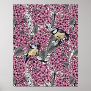 Póster Aves en un jardín de lilas rosadas