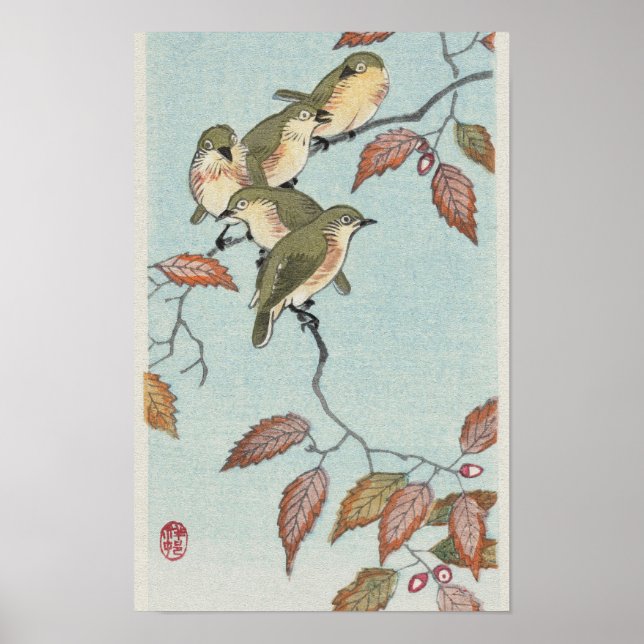 Póster Aves en una sucursal de Ohara Koson (Frente)