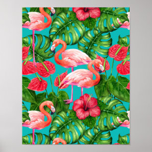 Póster Aves flamencas y acuarela de jardines tropicales