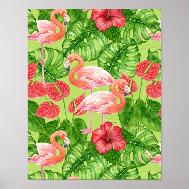 Póster Aves flamencas y plantas tropicales (Frente)