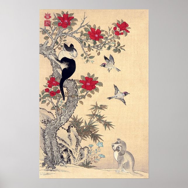 Póster Aves, gato y perro, Itō Jakuchū (Frente)