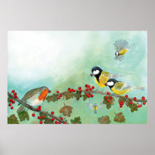 Póster Aves grandes, Robin Rojo y Berries Hawthorn