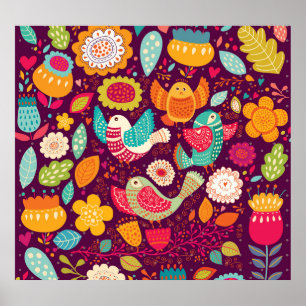 Póster Aves hermosas, flores, poster artístico