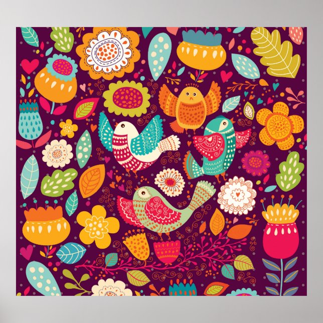 Póster Aves hermosas, flores, poster artístico (Frente)