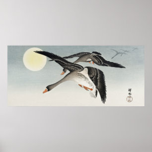 Póster Aves japonesas antiguas en plena luna por Ohara Ko