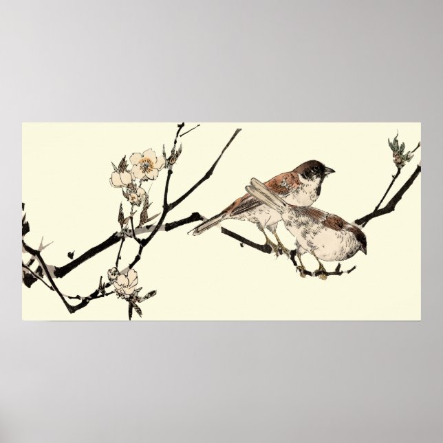 Póster Aves japonesas antiguas y flores de cerezo (Frente)
