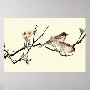 Póster Aves japonesas antiguas y flores de cerezo
