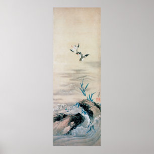 Póster Aves luchando en la corriente de montaña, Hokusai