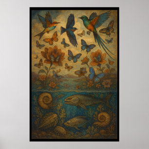 Póster Aves, mariposas y vida oceánica antigua
