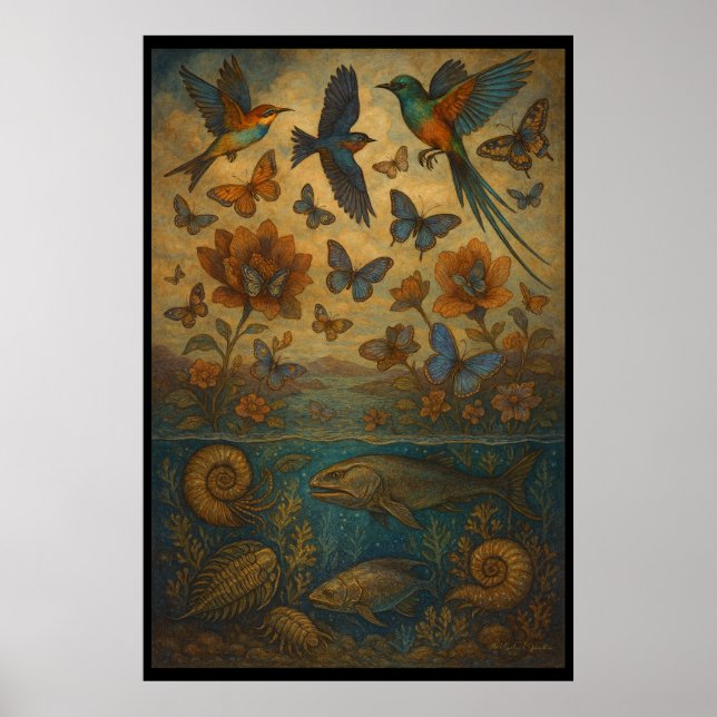 Póster Aves, mariposas y vida oceánica antigua (Frente)