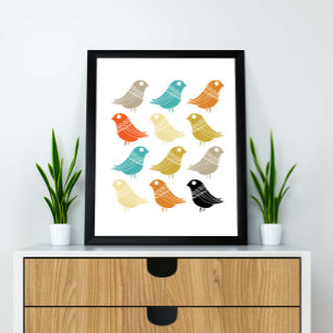 Póster Aves Modernas Coloridas Retro de mediados de siglo