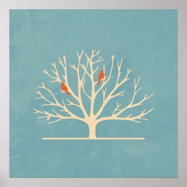 Póster Aves Naranjas modernas en un gran Ilustracion arbo (Frente)
