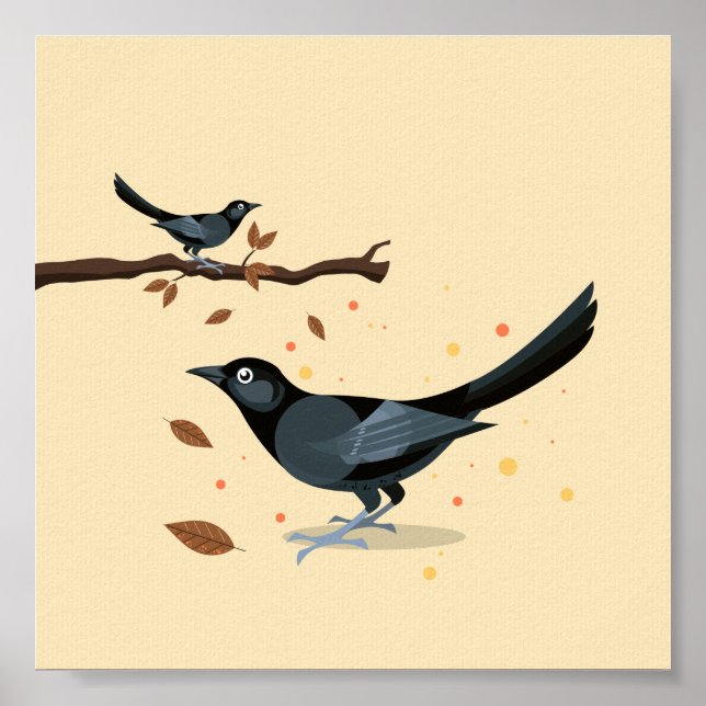 Póster Aves negras ilustradas en otoño (Frente)