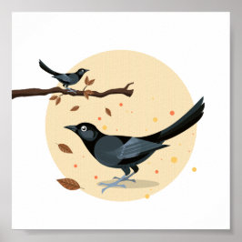 Póster Aves negras ilustradas en otoño