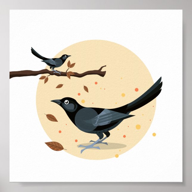 Póster Aves negras ilustradas en otoño (Frente)