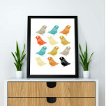 Póster Aves Retro Moderno Colorido de Mediados del Siglo<br><div class="desc">Este fantástico arte mural moderno de mediados de siglo cuenta con hileras de pájaros brillantes,  en colores turquesa,  naranja,  crema,  verde,  tostado y negro. ¡Esto hará que tu decoración sea colorida!</div>